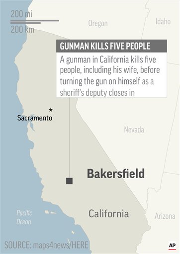 Map locates Bakersfield, California, where a gunman shot and killed five people; 1c x 4 inches; 46.5 mm x 101 mm;