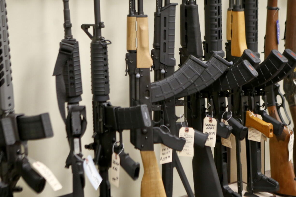 A display of various models of semi-automatic rifles at a store in Pennsylvania. Research published Tuesday in the Journal of the American Medical Association shows active shooters with semi-automatic rifles wound and kill twice as many people as those using non-automatic weapons.