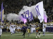 Dubs II, the Washington Huskies live mascot, leads the team out of the tunnel for an NCAA college football game against Arizona State, Saturday, Sept. 22, 2018, in Seattle. (AP Photo/Ted S.
