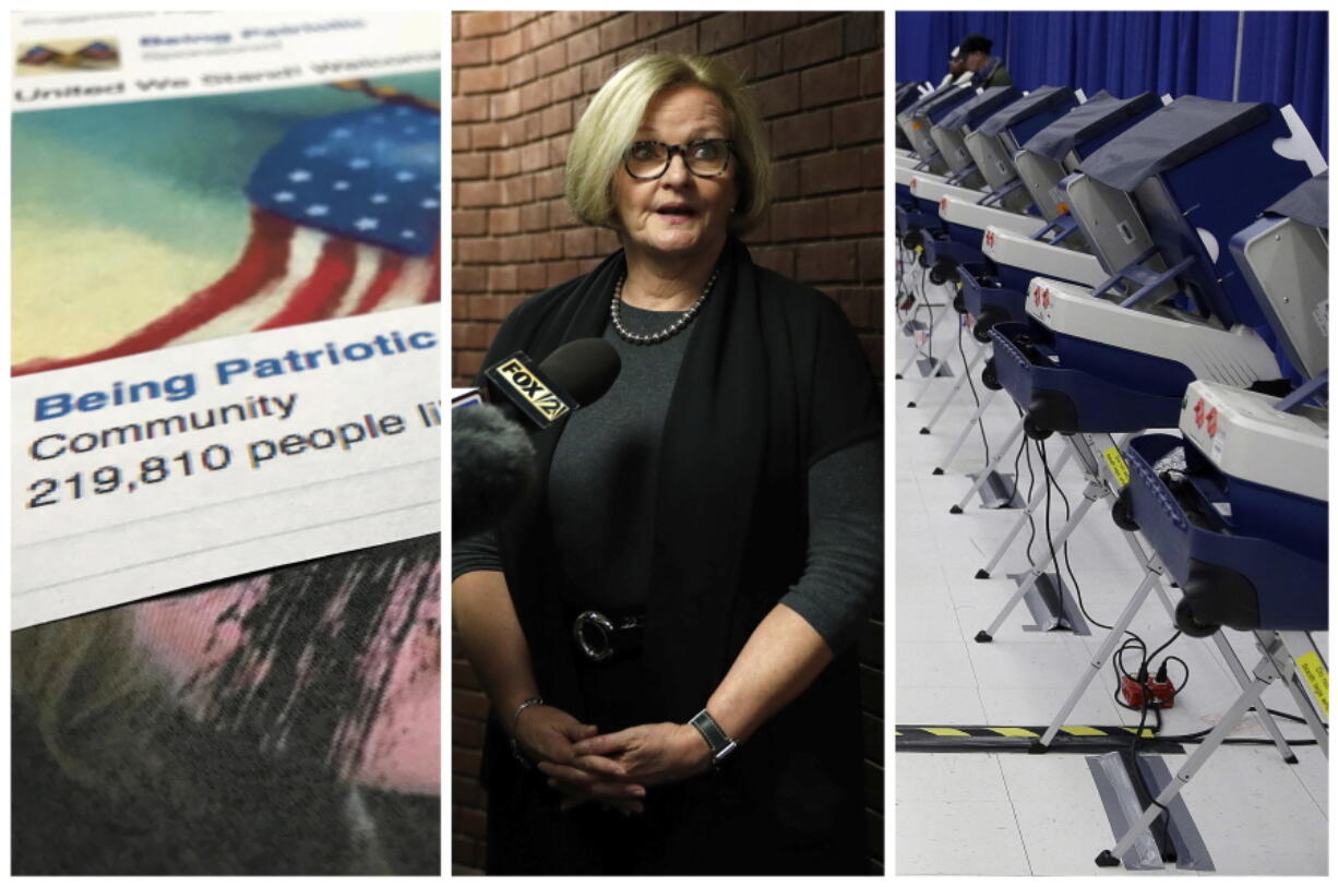 This combination of 2017-2018 photos shows from left, a Facebook posting from a group named "Being Patriotic" attributed to Russian agents by the U.S. House Intelligence Committee, Democratic Sen. Claire McCaskill of Missouri whose campaign was targeted by Russian hackers and voting machines in Chicago after hackers found a way into the voter registration database at the Illinois State Board of Elections in mid-2016.