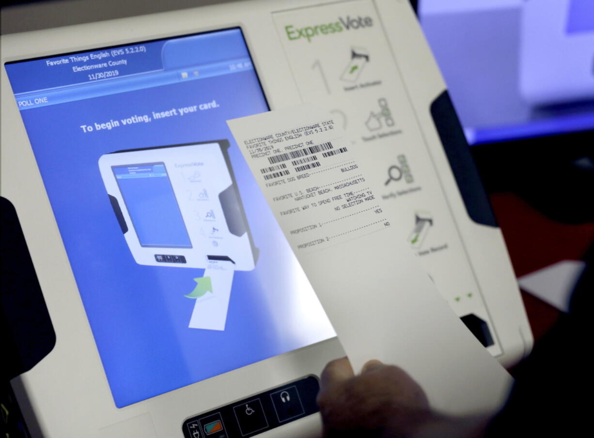 FILE - This Oct. 19, 2017, file photo shows a new voting machine which prints a paper record on display at a polling site in Conyers, Ga. An expert panel of the National Academy of Sciences called for fundamental reforms to ensure the integrity of the U.S. election system. The report calls for replacing rickety voting machines with more-secure voting systems that use paper ballots or equivalents, and other measures such as a particular form of postelection audit aimed at spotting fraud.