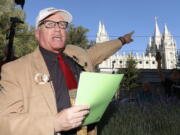 Sam Young speaks during a press conference Sunday, Sept. 16, 2018, in Salt Lake City. Young, a Mormon man who led a campaign criticizing the church’s practice of allowing closed-door, one-on-one interviews of youth by lay leaders has been kicked out of the faith. Young read a verdict letter for the first time Sunday that had been delivered to him following an earlier disciplinary hearing with local church leaders in Houston. Young, a 65-year-old lifelong Mormon, becomes the third high-profile member of the faith who led protests about church policy to be excommunicated in recent years.