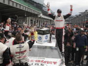 NASCAR Cup Series driver Brad Keselowski (2) celebrates after winning the NASCAR Brickyard 400 auto race at Indianapolis Motor Speedway, in Indianapolis Monday, Sept. 10, 2018.