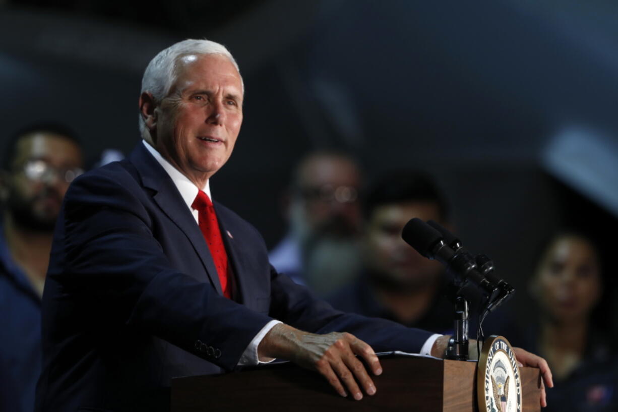 Vice President Mike Pence speaks to airmen during a visit to Nellis Air Force Base in Las Vegas, Friday, Sept. 7, 2018.