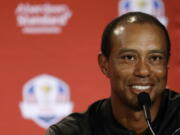 Tiger Woods smiles he speaks during a news conference where he was announced as a captain’s pick to the 2018 U.S. Ryder Cup Team, Tuesday, Sept. 4, 2018, in West Conshohocken, Pa.