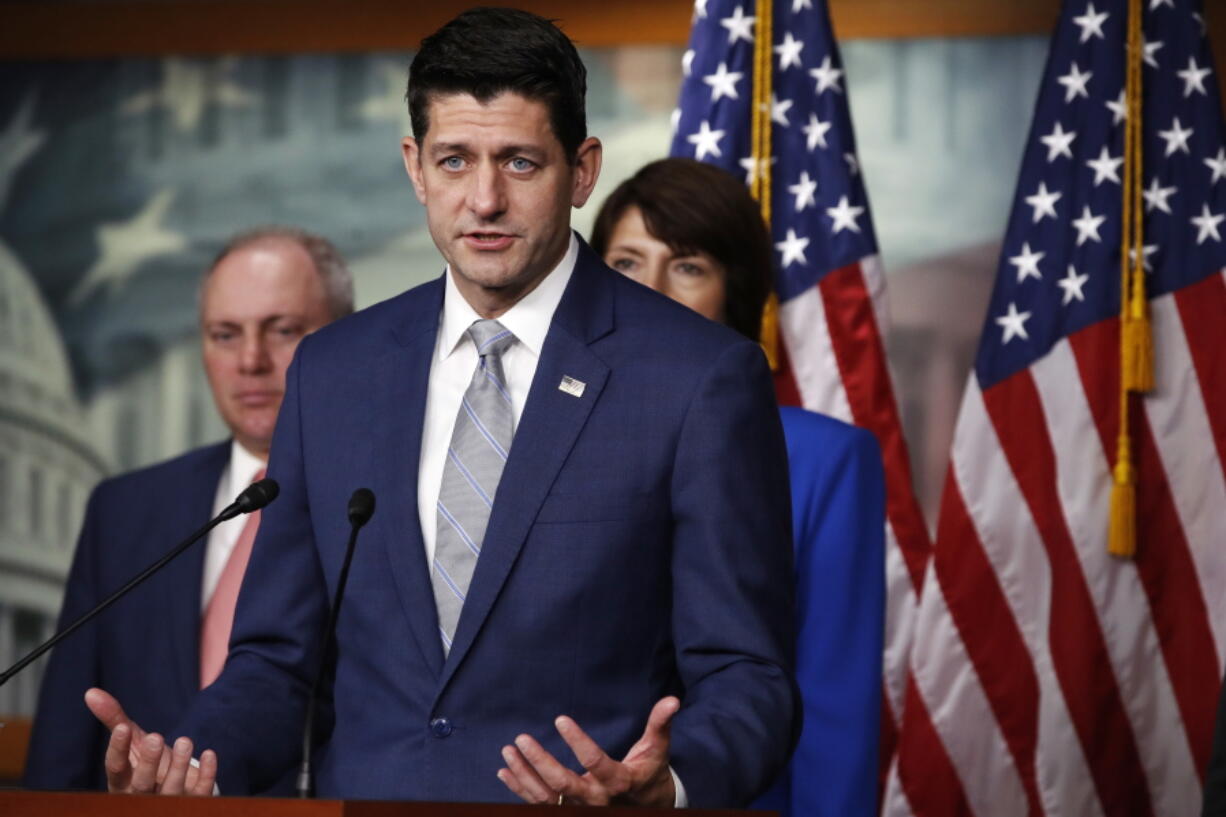 House Speaker Paul Ryan of Wis., speaks during a news conference, Thursday, Sept. 13, 2018, in Washington. Behind him are House Majority Whip Steve Scalise, R-La., and Rep. Cathy McMorris Rodgers, R-Wash., right. Ryan is rejecting President Donald Trump’s assertion an official government death toll for last year’s hurricane in Puerto Rico is wrong. The Wisconsin Republican says he has “no reason to dispute” a study that found nearly 3,000 people on the island died from Hurricane Maria last year.