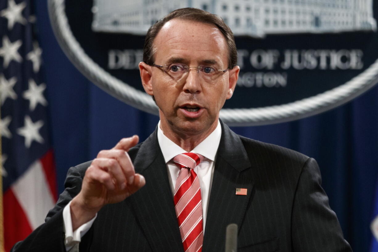 Deputy Attorney General Rod Rosenstein speaks July 13 during a news conference in Washington. Rosenstein is denying that he wanted to secretly record President Donald Trump to expose the chaos in the administration.