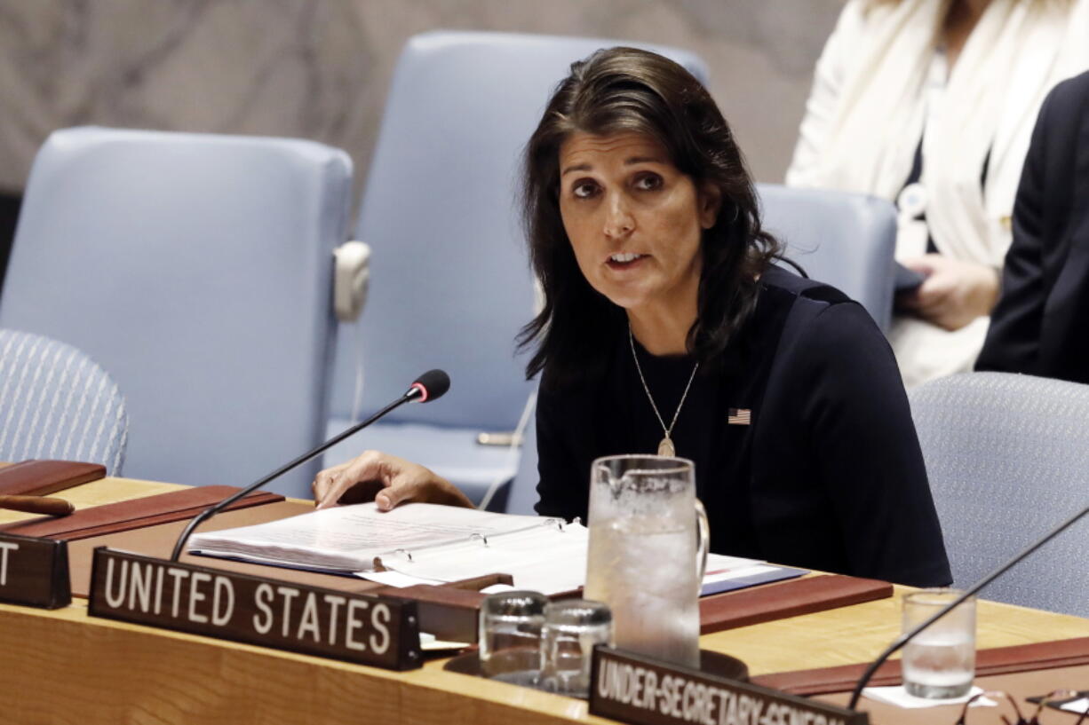 U.S. Ambassador Nikki Haley addresses the United Nations Security Council on Monday at U.N. headquarters.