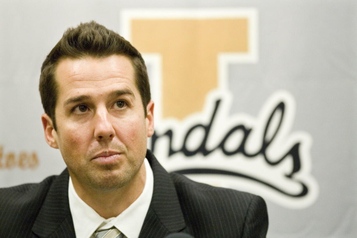 FILE - In this Oct. 22, 2012, file photo, Idaho interim head football coach Jason Gesser speaks during a news conference in Moscow, Idaho. Gesser has been placed on home assignment following a new complaint of sexual misconduct, Monday, Sept. 17, 2018.