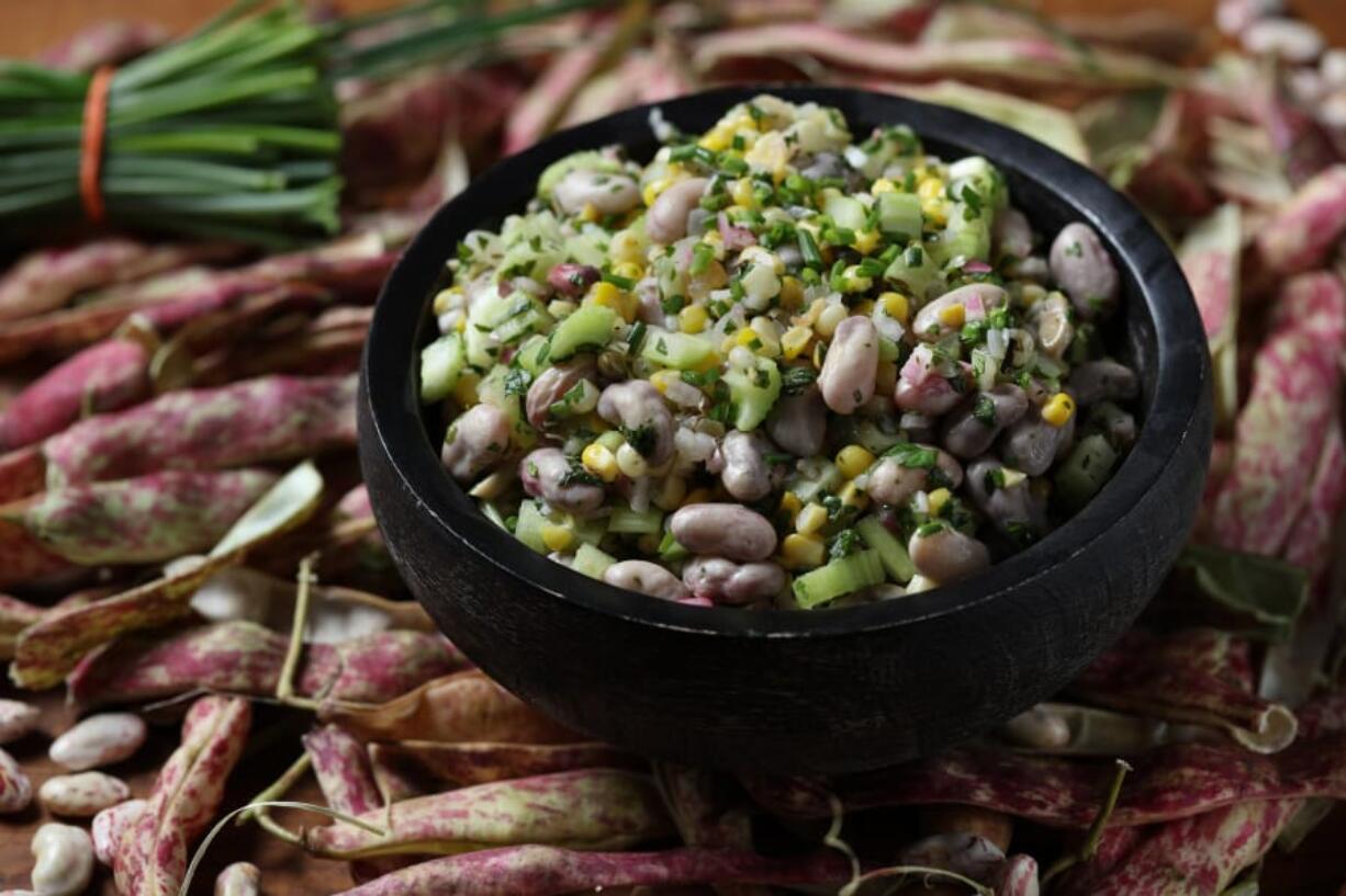 The succotash recipe from Publican Anker is made with fresh cranberry beans, shelled and cooked until tender, and is dressed with a salsa verde.