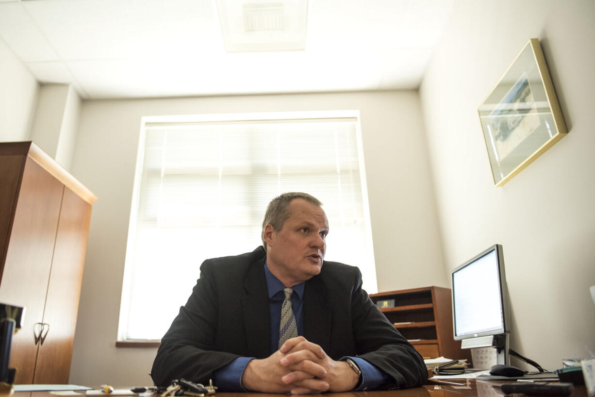 Clark County Manager Shawn Henessee speaks in his office at the Clark County Public Service Center during his first day on the job in late July.