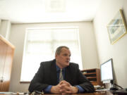 Clark County Manager Shawn Henessee speaks in his office at the Clark County Public Service Center during his first day on the job in late July.