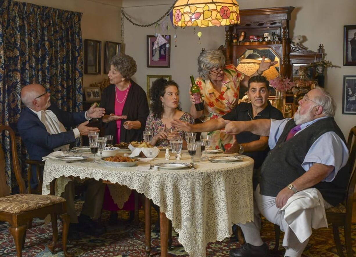 Veteran actor Lou Pallotta, far left, is also the managing director at Love Street Playhouse; when Love Street decided to stage the comedy “Over the River and Through the Woods,” he said, it was an opportunity to reunite an ethnic Italian cast that feels like genuine family. From left to right are Pallotta as Nunzio, Chrisse Roccaro as Aida, Dani Baldwin as Caitlin O’Hare, Sharon Mann as Emma, John Casale as Nick and Ernie Casciato as Frank.