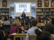 Carolyn Long speaks Tuesday with students at Camas High School about how they can get involved politically even if they aren’t old enough to vote.