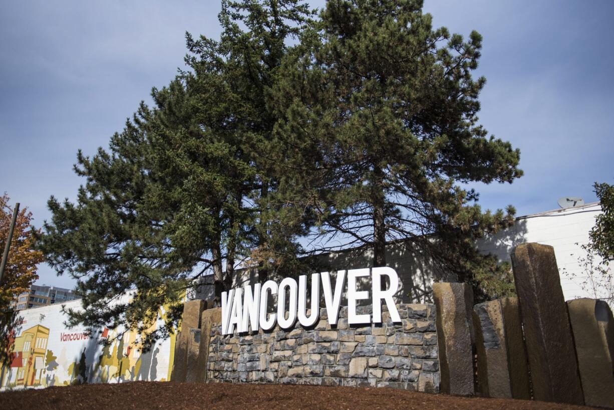 The new city of Vancouver entrance sign is seen here at the corner or East 6th Street and C Street on Wednesday morning, Oct. 3, 2018.