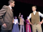 Brothers John Thoreau (Sam Elkoshairi), left, and Henry David Thoreau (Caleb Stenberg) share high-minded principles but still get into conflict. Behind them are Alexa Vermaas as Lydian Emerson (Ralph Waldo’s wife), Jacob Denley as a farmer; and Taylor Huston-Allen as a woman.