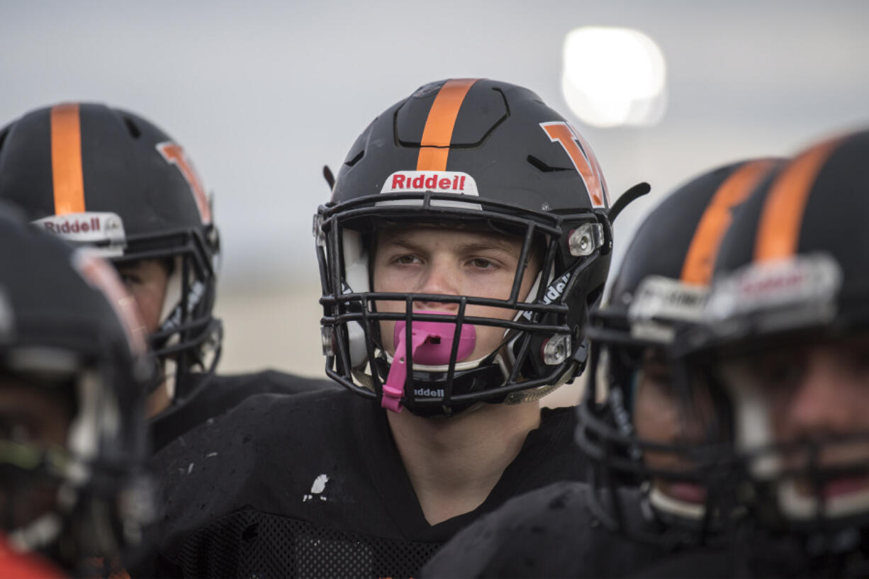 After having his sophomore season cut short by injury, Washougal’s Jakob Davis (center) now ranks fourth in the county in receiving yards with 559 and eight touchdowns.