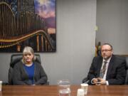 Democratic challenger Barbara Melton, left, and Republican County Clerk Scott Weber meet with The Columbian’s Editorial Board on Oct. 16.