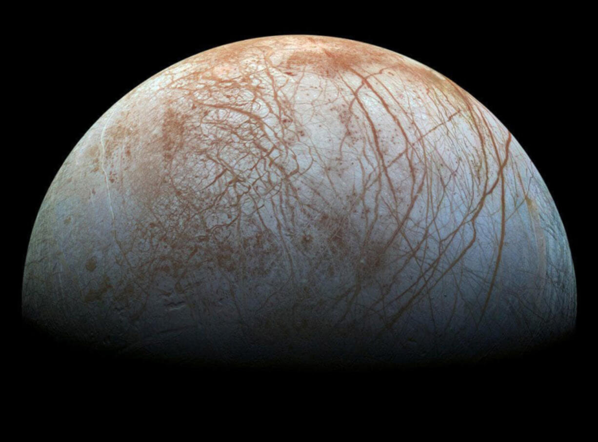 A reprocessed color view of Europa made from images taken by NASA’s Galileo spacecraft in the late 1990s.