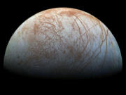 A reprocessed color view of Europa made from images taken by NASA’s Galileo spacecraft in the late 1990s.