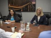 Candidates for state representative from the 17th District, Position 1, Tanisha Harris, left, and Rep. Vicki Kraft speak to The Columbian’s Editorial Board in July. The general election is Nov. 6.