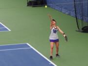 Washington junior Natsuho Arakawa serves during play at the Portland-Seattle Battle college women's tennis tournament at the Vancouver Tennis Center on Saturday, Oct. 13, 2018. Arakawa won in singles and doubles on Sunday to finish the three-day event with Portland and Portland State undefeated.