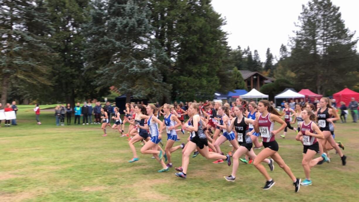 Runners race from the start line at the 2A-1A District IV Cross Country Championships on Thursday at Lewis River Golf Course (Micah Rice/The Columbian)