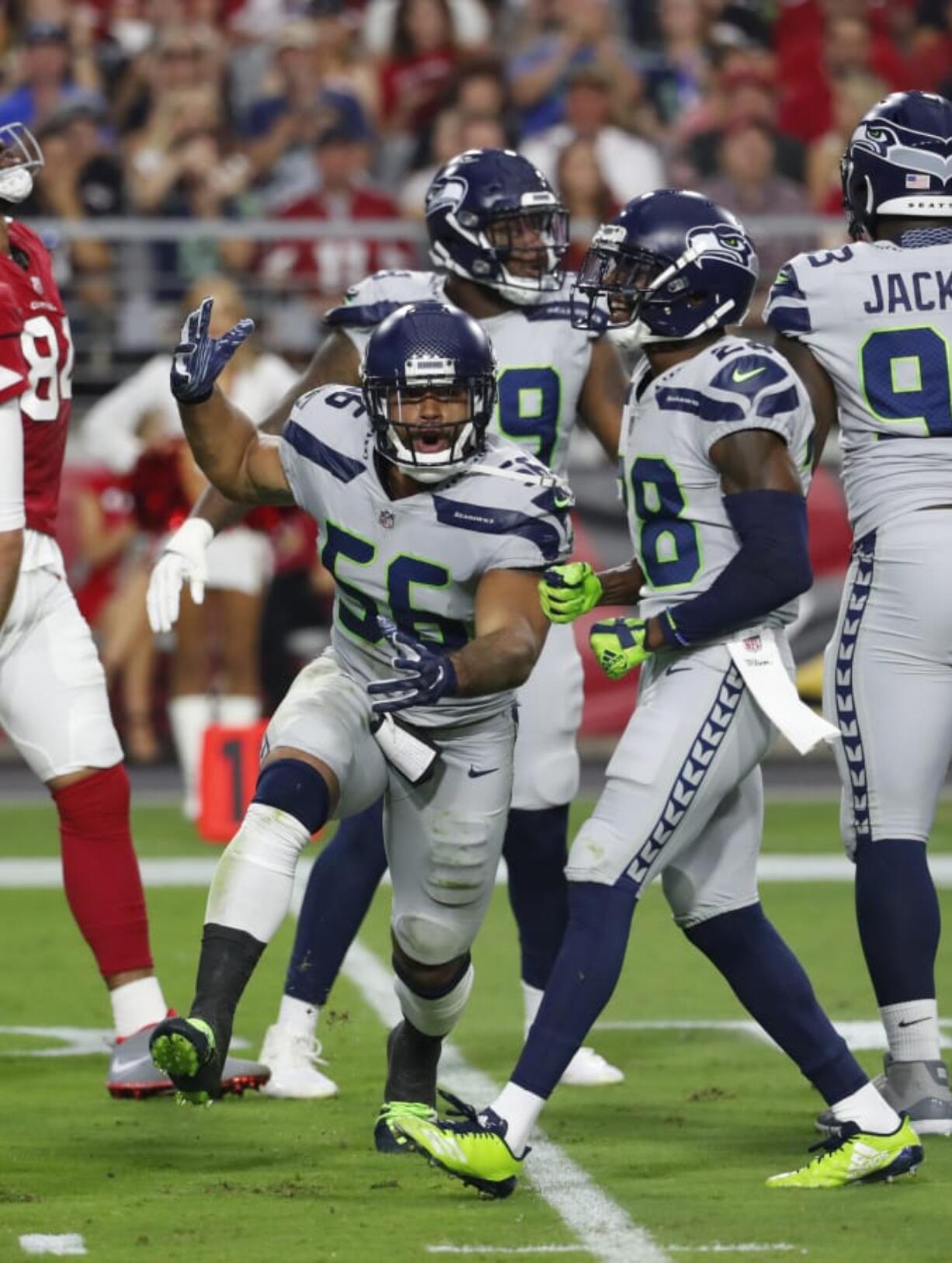 Seattle Seahawks linebacker Mychal Kendricks (56) during an NFL football game against the Arizona Cardinals, Sunday, Sept. 30, 2018, in Glendale, Ariz.