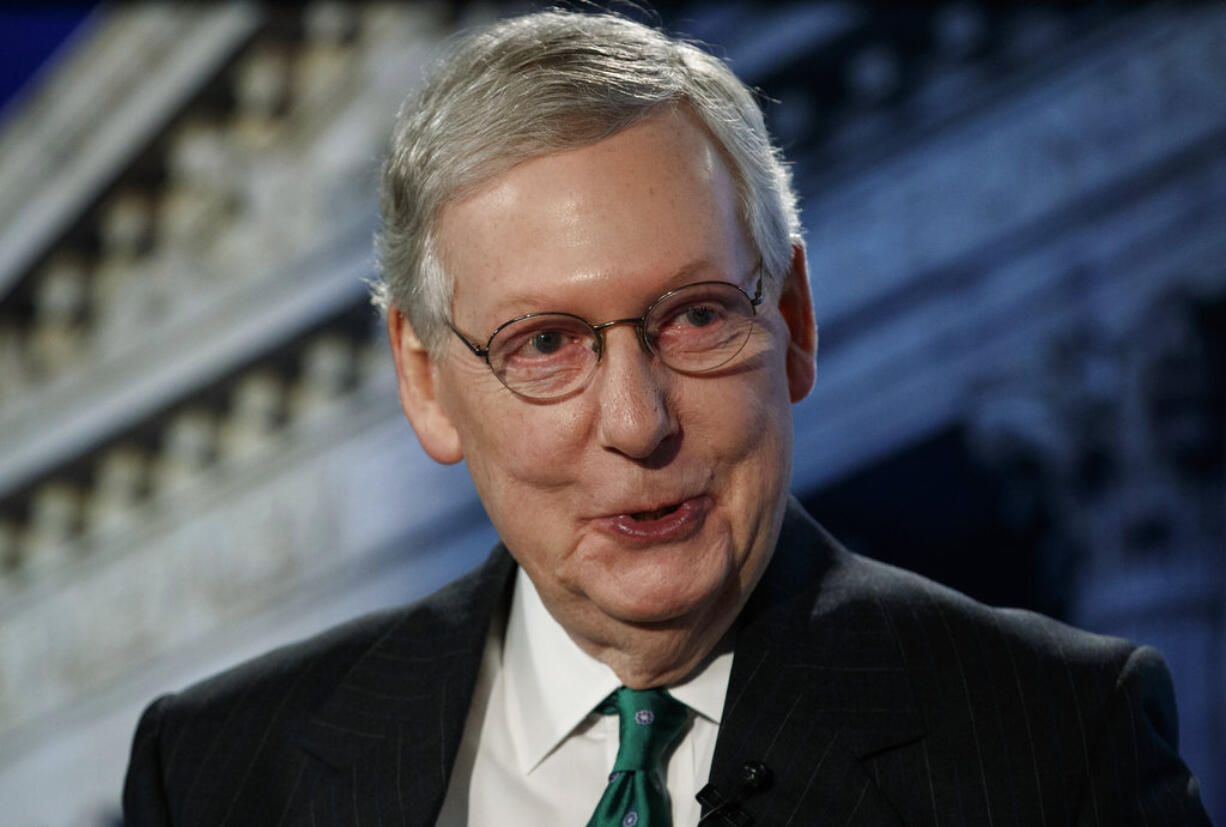 Senate Majority Leader Mitch McConnell of Ky., speaks during an interview at The Associated Press in Washington, Wednesday, Oct. 10, 2018.