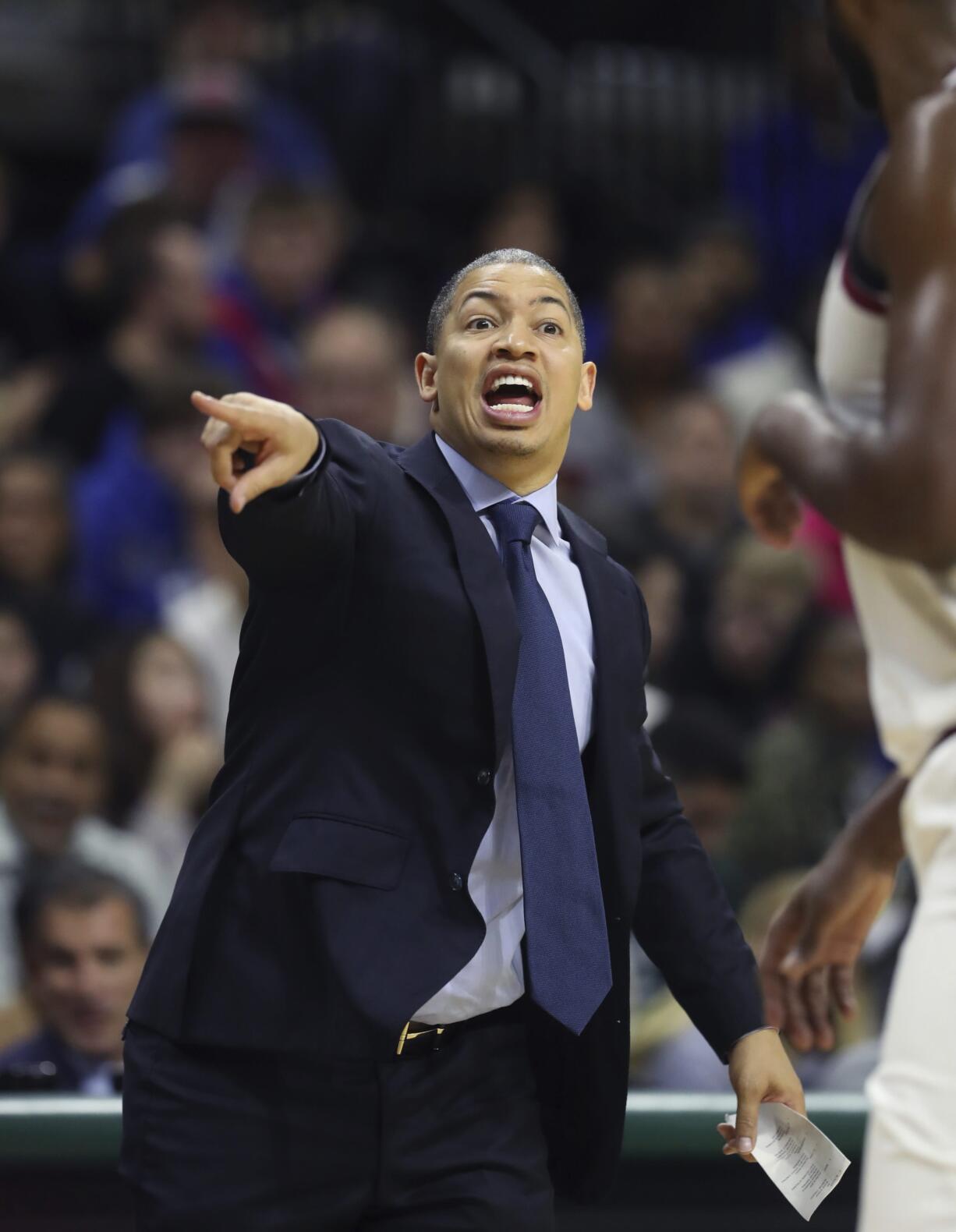 Cleveland Cavaliers head coach Tyronn Lue yells during the second half of an NBA preseason basketball game against the Detroit Pistons, Friday, Oct. 12, 2018, in East Lansing, Mich.