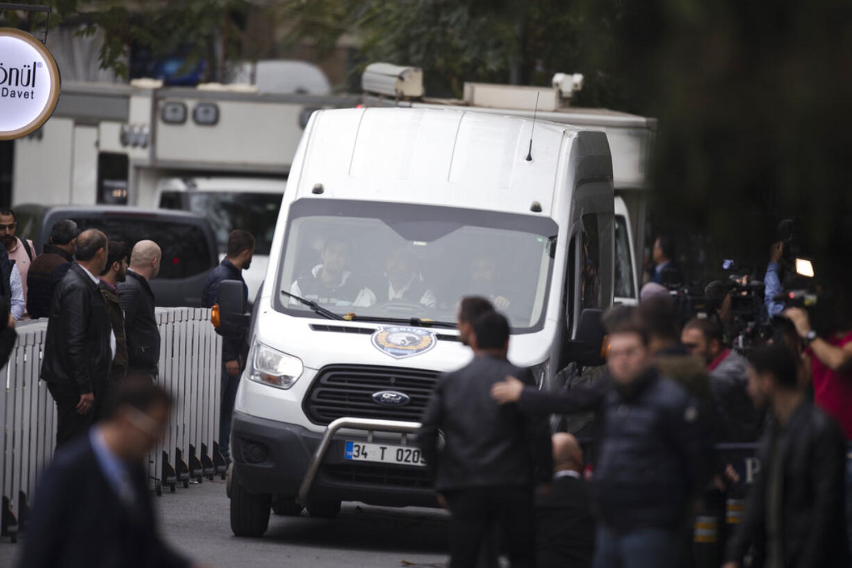 Turkish police officers arrive with their vehicles to the Saudi Arabia consul's residence, in Istanbul, Wednesday, Oct. 17, 2018. America's top diplomat is in Turkey, where a strongly pro-government newspaper has published a gruesome recounting of the alleged slaying of Saudi writer Jamal Khashoggi at the Saudi Consulate in Istanbul.