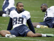 Seattle Seahawks’ Doug Baldwin takes part in an NFL training session at the Grove Hotel in Chandler’s Cross, Watford, England, Friday, Oct. 12, 2018. The Seattle Seahawks are preparing for an NFL regular season game against the Oakland Raiders in London on Sunday.