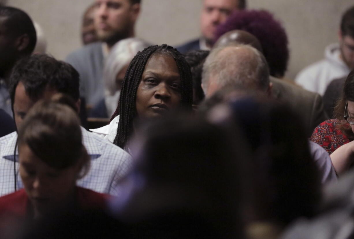 Laquan McDonald’s mother, Tina Hunter listens on Tuesday during Chicago police officer Jason Van Dyke’s first degree murder trial for the shooting death of her son at the Leighton Criminal Court Building in Chicago.