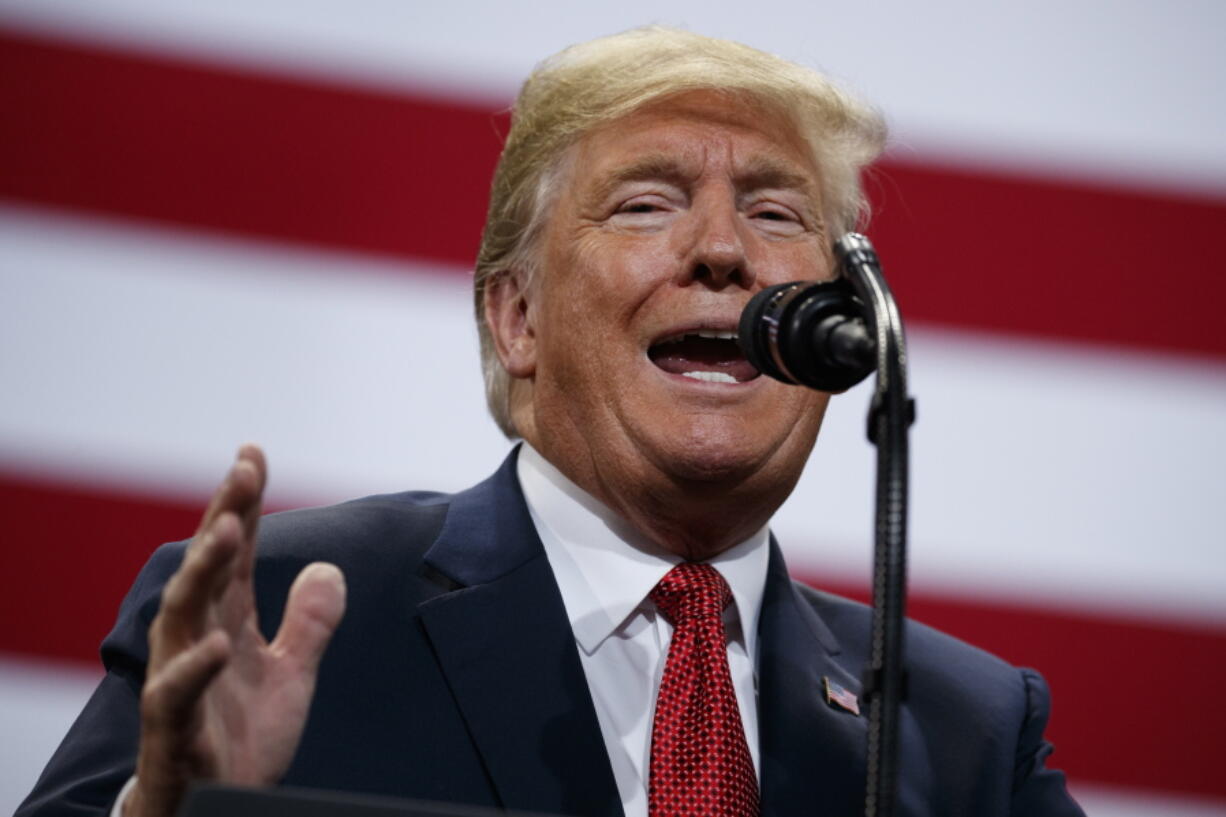 President Donald Trump speaks during a campaign rally at the Mayo Civic Center in Rochester, Minn. Trump was kicking off an 8-state campaign blitz on Wednesday, seeking to shore up Senate Republicans against an onslaught of Democratic surrogates entering the midterm campaign’s final weekend.