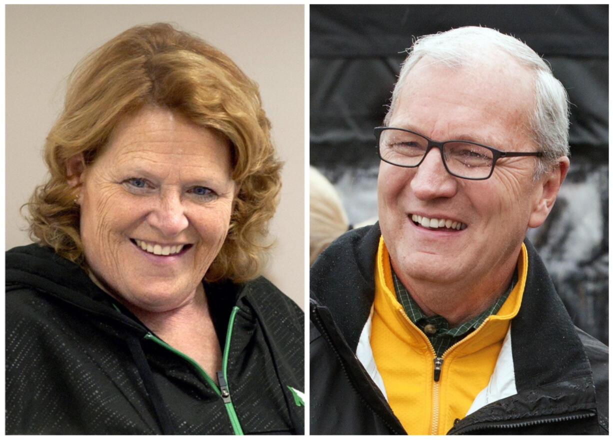 Dakota Senate candidates, Democratic Sen. Heidi Heitkamp, left, during a campaign stop in Grand Forks, and her Republican challenger Kevin Cramer at a campaign stop in Fargo.