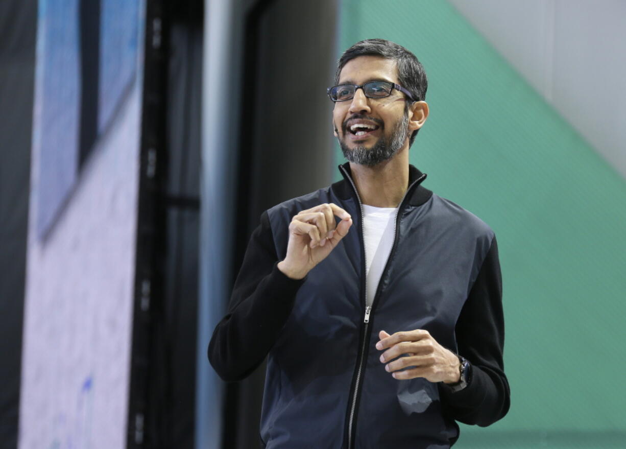 FILE - In this Wednesday, May 17, 2017 file photo, Google CEO Sundar Pichai delivers the keynote address of the Google I/O conference in Mountain View, Calif. Google says it has fired 48 employees for sexual harassment during the past two years and sent them away without a severance package. The surprise disclosure came Thursday, Oct. 25, 2018 in an email Google CEO Sundar Pichai sent to employees after The New York Times reported that the company had dismissed Andy Rubin the executive in charge of its Android software for sexual misconduct in 2014 and is still paying him a $90 million package.