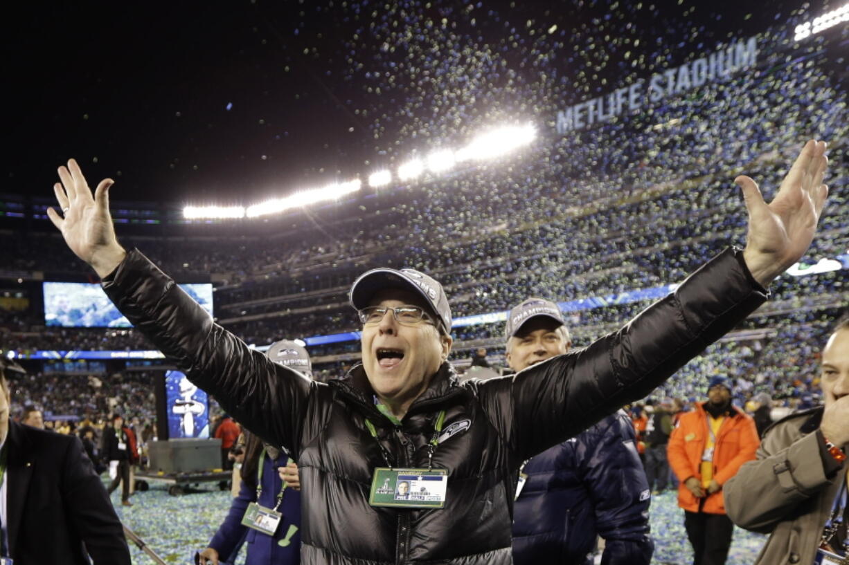 Seahawks owner Paul Allen celebrates after the NFL Super Bowl XLVIII against the Denver Broncos in East Rutherford, N.J. The Seahawks won 43-8.