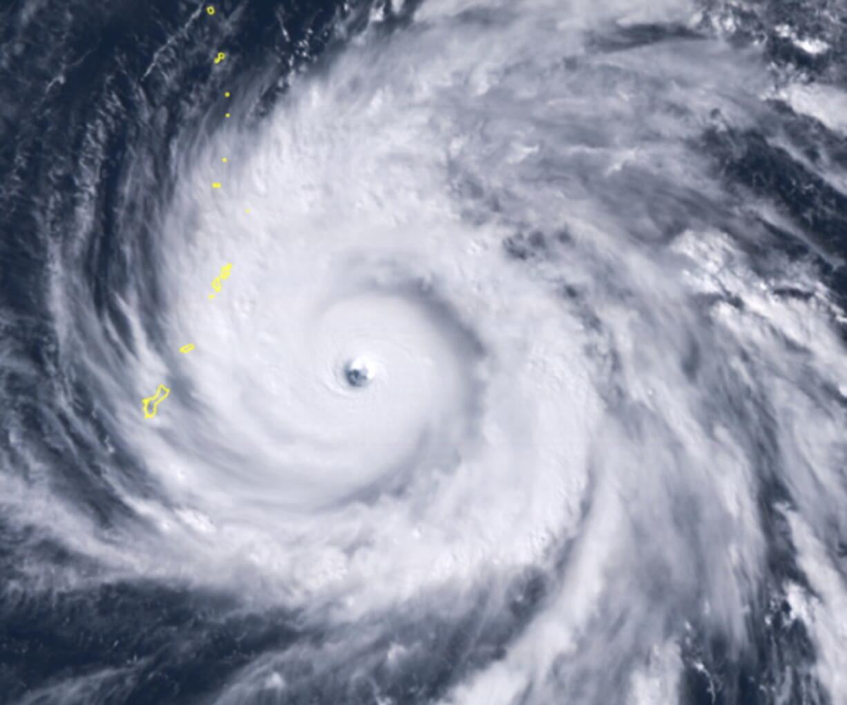 This satellite image shows Typhoon Yutu east of Guam on Wednesday afternoon. The storm has sustained winds of 180 mph.