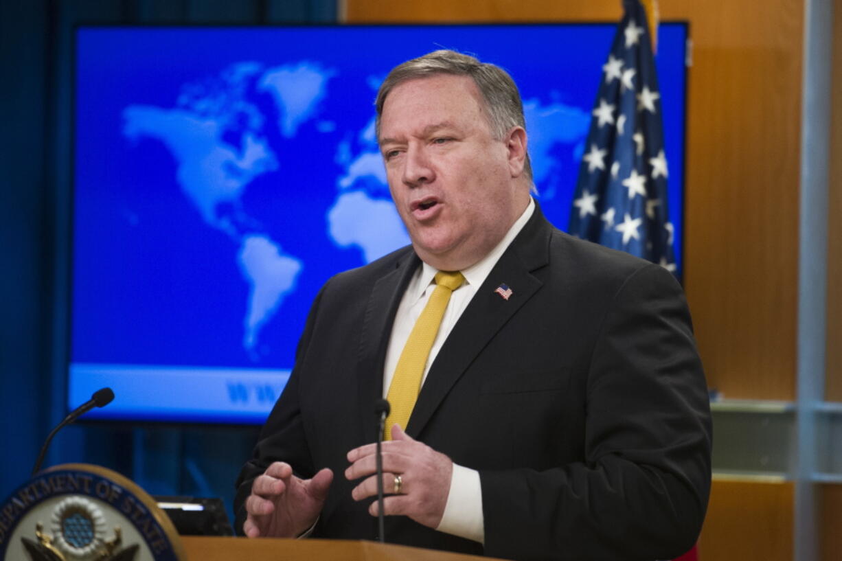 Secretary of State Mike Pompeo briefs reporters at the State Department in Washington on Wednesday. Pompeo has announced that the U.S. is canceling a 1955 treaty with Iran establishing economic relations and consular rights between the two nations.