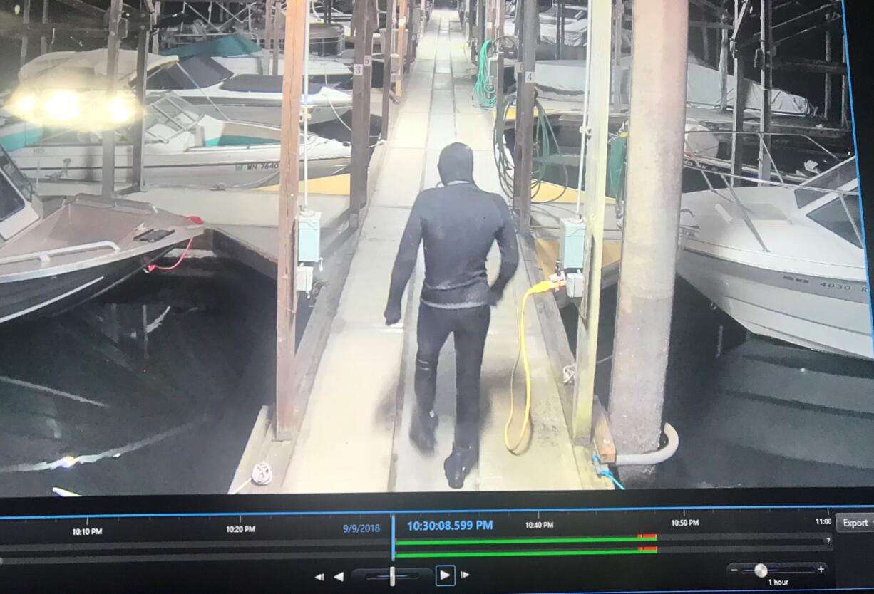 The wetsuit wearing suspect in a Sept. 9 boat theft at the Port of Camas-Washougal entered the locked marina from private property to the west, according to the facilities manager.