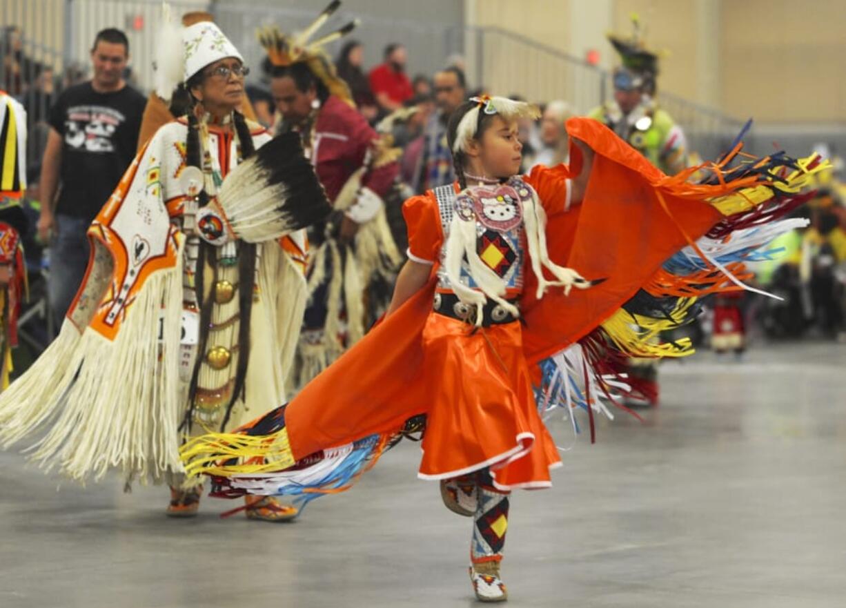 Abigail Kordatzky dances Oct. 20, 2018, during the 19th annual Cowlitz Pow Wow at the Clark County Event Center at the Fairgrounds.