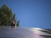 Simon Petersen, roof lead and apprentice electrician at Tesla, wires a solar array on the roof at Mike Burton’s home in September in Vancouver. Burton hopes to connect his solar array to a battery system that will allow him to store power.