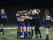 The Columbia River Chieftains celebrate their victory over Mark Morris at Columbia River High School on Thursday night, Nov. 1, 2018.