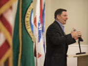 Lt. Col. Robert Darling speaks during the Symbol of Freedom event at the Fort Vancouver Artillery Barracks on Thursday night. Darling spent the first 24 hours after the Sept. 11, 2001, terrorist attacks in an underground White House bunker with Vice President Dick Cheney.