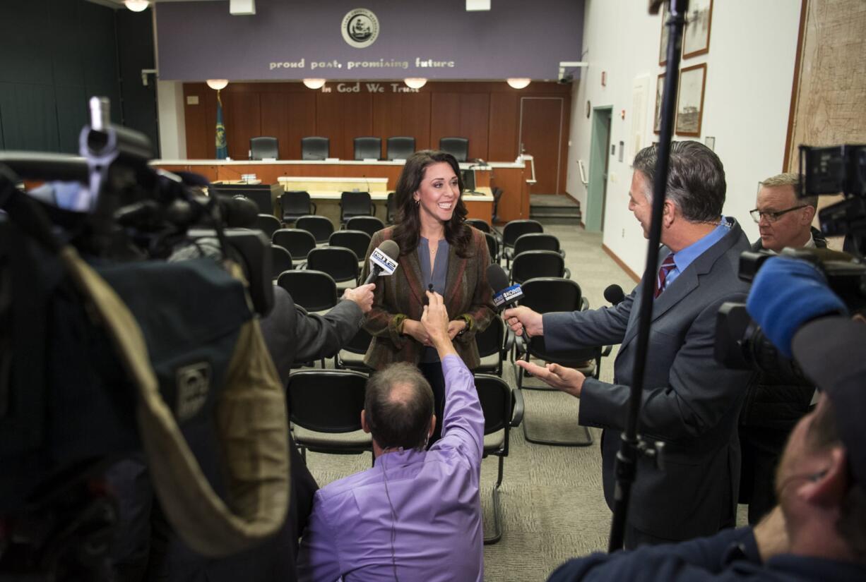 Incumbent U.S. Rep. Jaime Herrera Beutler, R- Battle Ground, talks with the media at the Clark County Public Service Center on Tuesday. Jaime Herrera Beutler says she's humble given the modest lead.