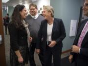 County treasurer candidate Alishia Topper, from left, Clark County assessor candidate Peter Van Nortwick, Clark County Councilor incumbent Julie Olson and 18th Legislative District candidate Larry Hoff discuss results at the Public Service Center on Tuesday.