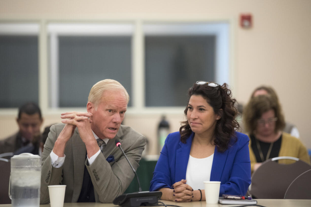 Rep. Paul Harris, R-Vancouver, ranking member of the House Education Committee, and Rep. Monica Stonier, D-Vancouver, vice chair of the House Education Committee, speak to the Washington State Board of Education on Wednesday morning at Educational Service District 112 in Vancouver.