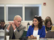 Rep. Paul Harris, R-Vancouver, ranking member of the House Education Committee, and Rep. Monica Stonier, D-Vancouver, vice chair of the House Education Committee, speak to the Washington State Board of Education on Wednesday morning at Educational Service District 112 in Vancouver.