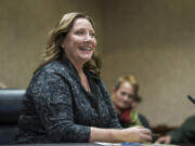 Camas City Councilor Shannon Turk speaks during her interview at a special council meeting Wednesday where she was picked to serve as the city’s next mayor. She will take the oath of office at Monday’s council meeting.