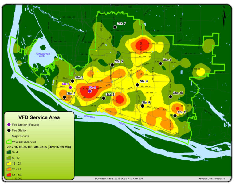 This heat map shows the number of calls with response times longer than 7 minutes and 59 seconds in the first three quarters of 2017.